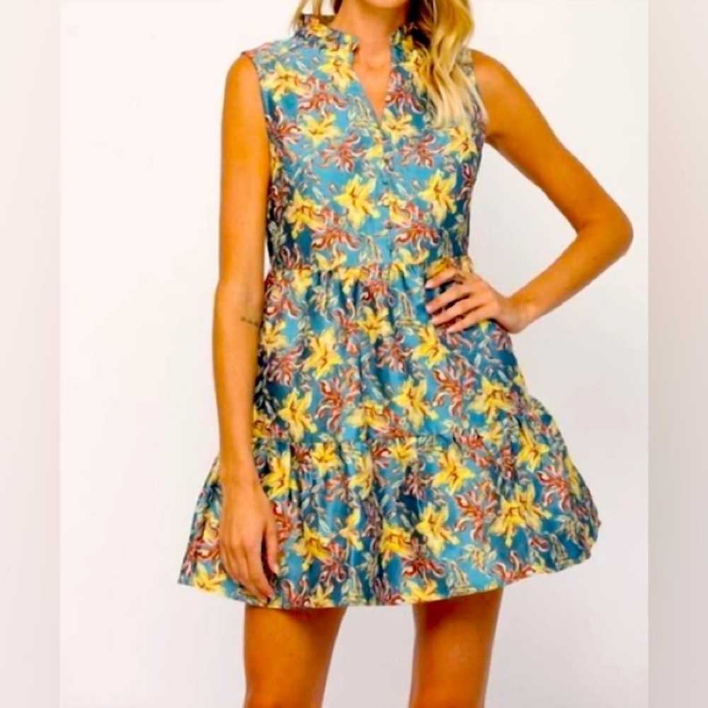 Fate Blue and Yellow Floral Mini Dress